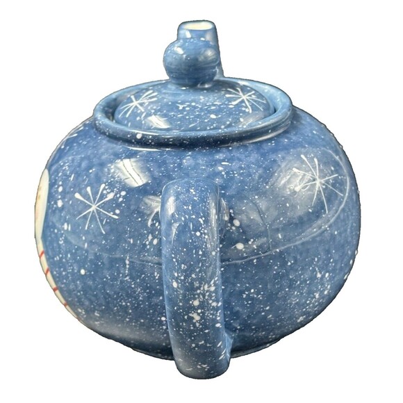 Folk Art Ceramic Blue and White Snowman Teapot with Snowflakes and Lid - Picture 4 of 7